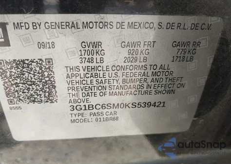 2019 Chevrolet Cruze Ls from USA, damaged, VIN 3G1BC6SM0KS539421